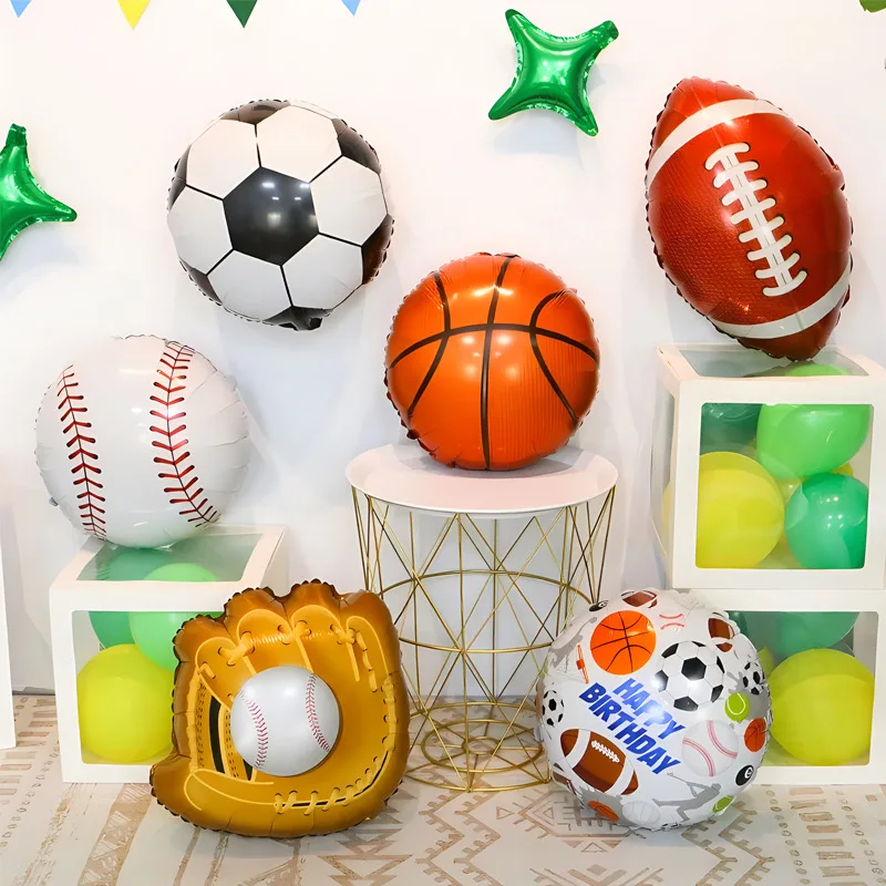 

18 inch black and white football, rugby, basketball, baseball, sports aluminum film balloons, sports game decorations, balloons