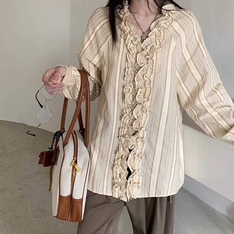 Women's Khaki Maillard Striped French Shirt V-neck Long Sleeved Y2K High Street 90s Office College Retro Top Shirt 2000s Clothes