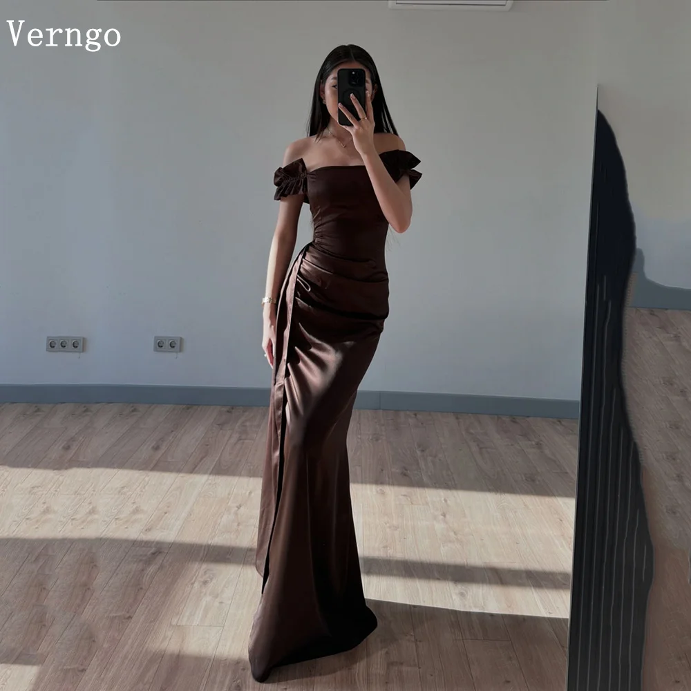 Verngo Coffee Brown Satin Prom Gown Off The Shoulder Mermaid Prom Party Dresses Women Slim Evening Dress Elegant Customized