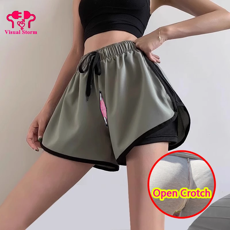 

Women Open Crotch Patchwork Sexy Shorts Loosed Fit Sporty Mini Leggings Summer Breathable Jogging High Rise Crotchless Sportwear