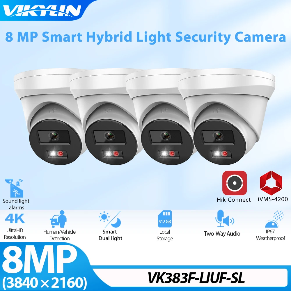 VIKYLIN 8MP IP Camera for hikvision OEM  Smart Hybrid Light Human Vehicle Detection Alarm POE Security Camera Home CCTV