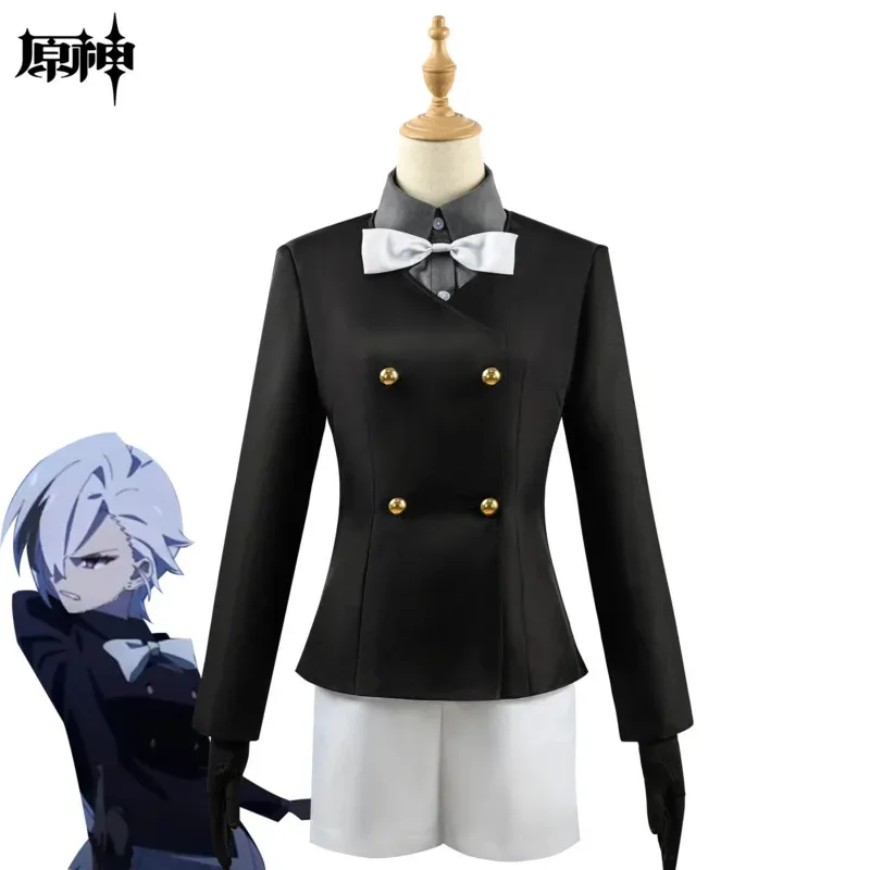 Newly Clervie Cosplay Costume Full Set Genshin Impact Game New Cosplay Outfit Uniform Coat Shirt Shorts Bow Gloves Set