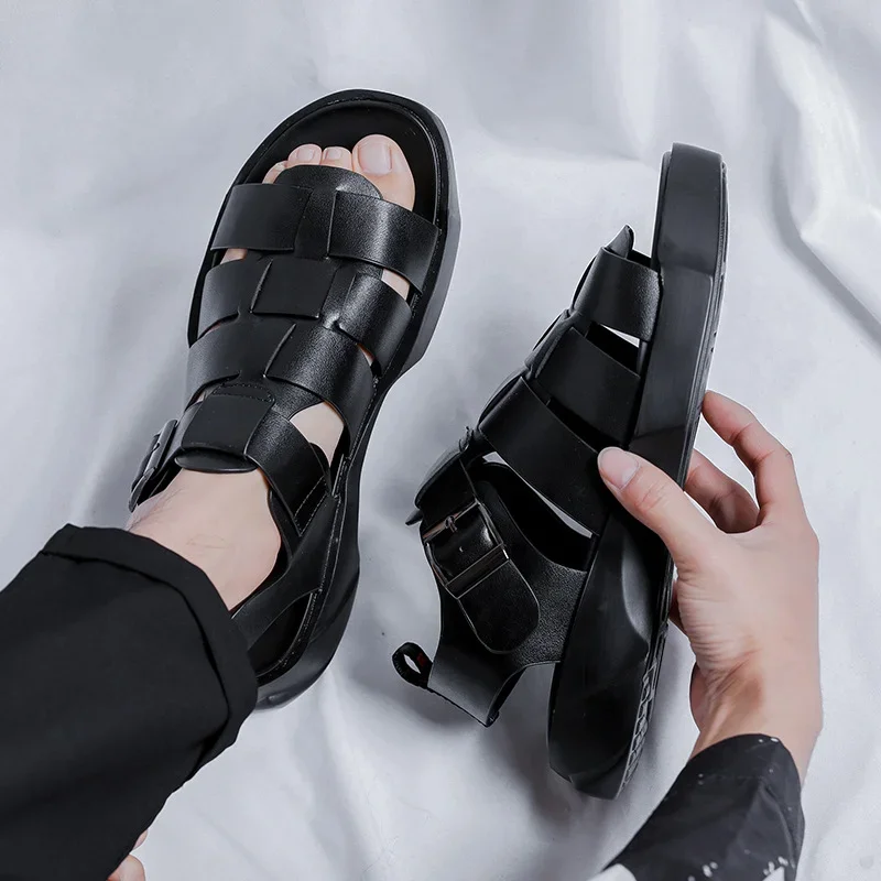 Summer Black Genuine Leather Men\'s High Grade Sandals for External Wear Breathable Roman Sandals Trend Casual Beach Shoes