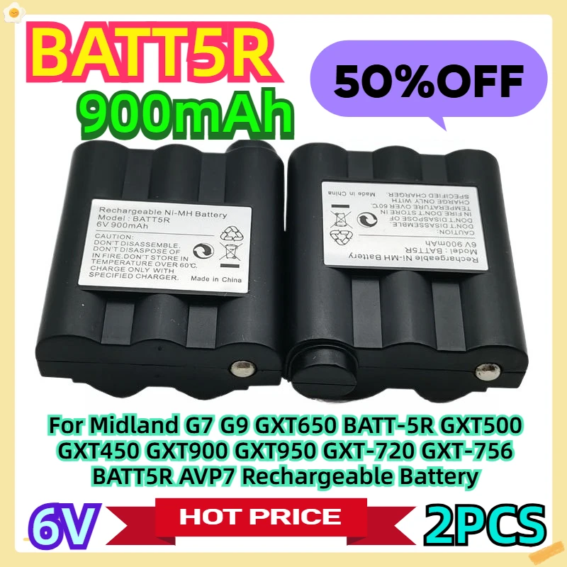 

For Midland G7 G9 GXT650 BATT-5R GXT500 GXT450 GXT900 GXT950 GXT-720 GXT-756 BATT5R AVP7 Rechargeable Battery 6V 900mAh 2pcs