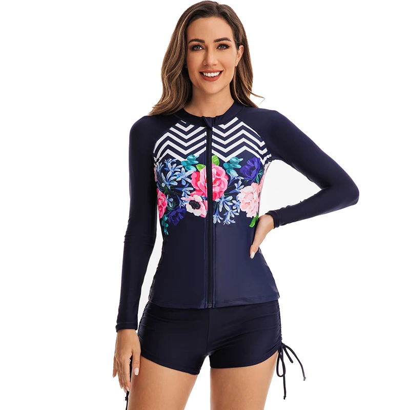 Womens Two Piece Rash Guard Full Zipper Long Sleeve Swimsuit for Women Surfing Bathing Suit Swim Shirt with Drawstring Boy Short