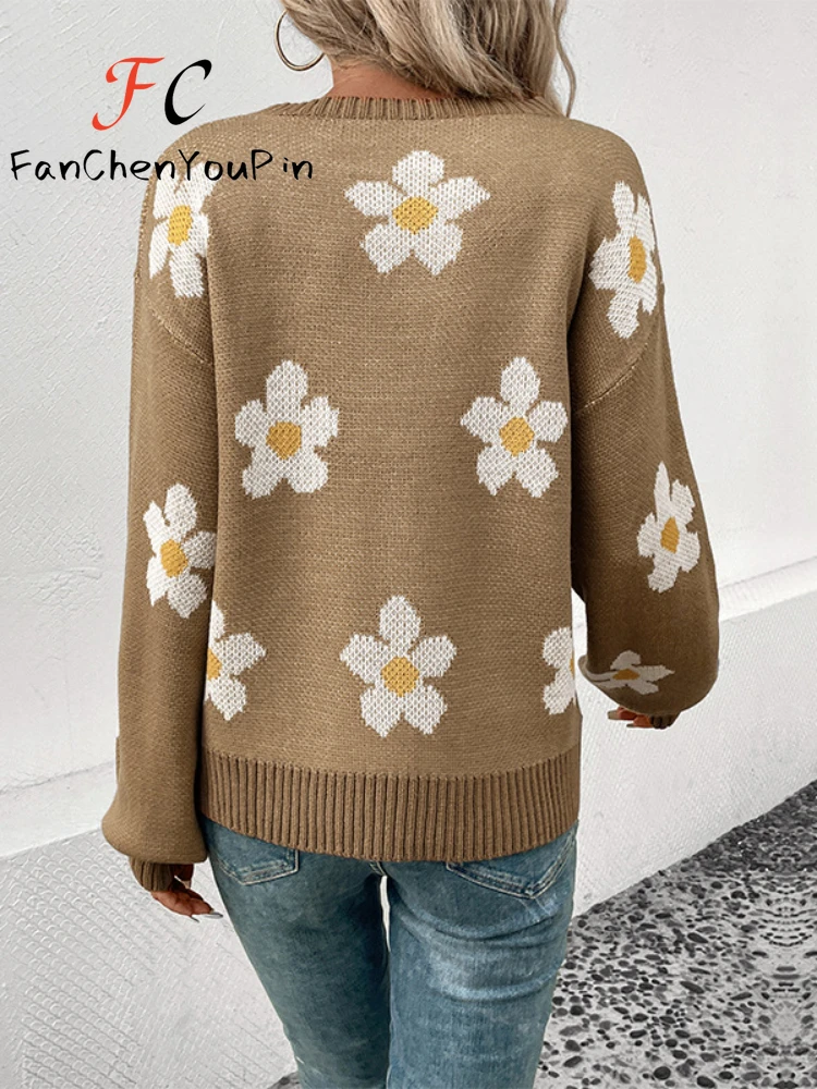 Otoño Invierno nuevo suéter de mujer moda cuello redondo manga larga Top de punto Casual elegante Floral holgado exquisito jersey femenino