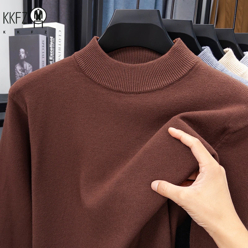 

Мужская однотонная полуводолазка, трикотаж, свитер, пуловер с воротником-стойкой, повседневная осенне-зимняя толстовка, брендовая мужская одежда