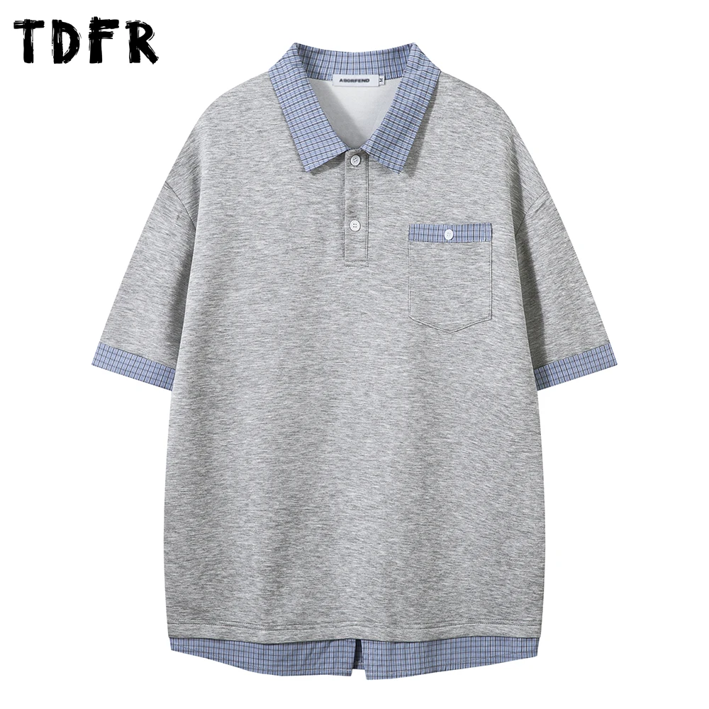 

Plaid Patchwork Short Sleeve Polo Shirts Mens Fake Two Pieces Summer Casual Streetwear Loose Half-Sleeve Tops Men