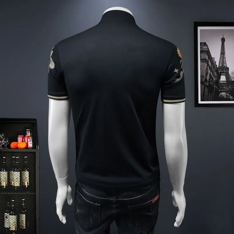 Mens Stylish Fashion Embroidered Half Zip Stand Collar Polo Shirt Short Sleeve Unique Casual Summer Tee Newest Design Top