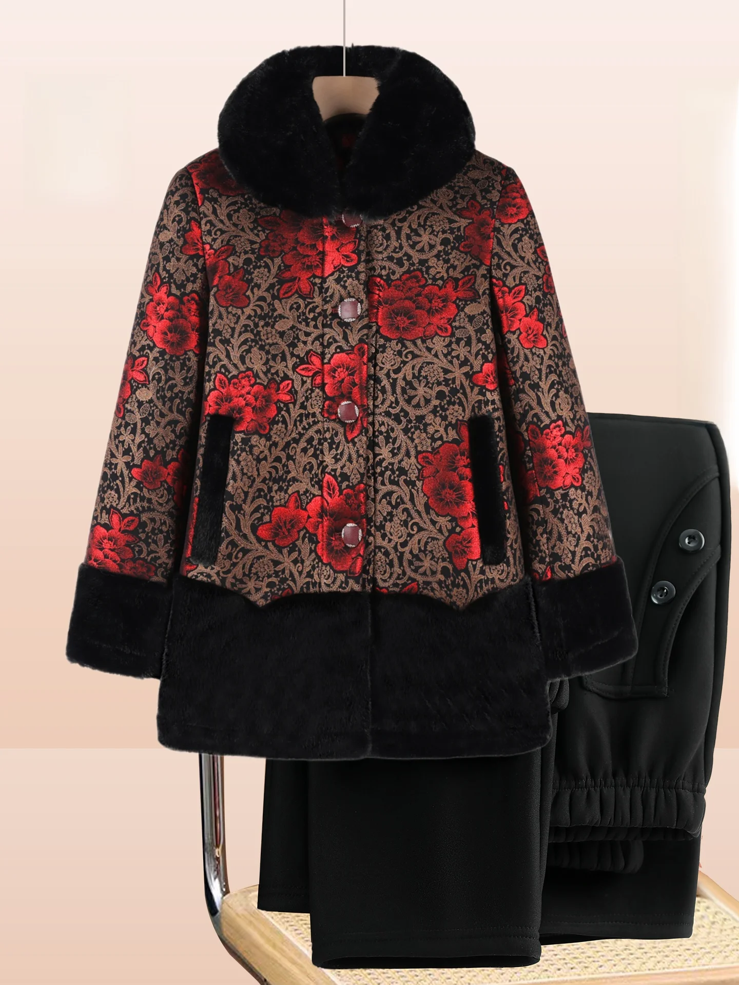 

Thiened Cotton Jaet for ly Women Warm Coat with Fur Collar Long Pants Sle Senior Citizens Winter Clothes