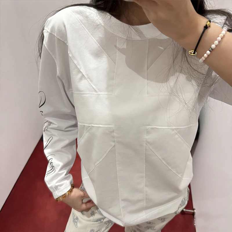 Harajuku Cross Patchwork Buchstaben-Print O-Ausschnitt Pullover Herbst Lässiges Lockeres Langarm-T-Shirt Koreanischer Street Vintage Trend Top
