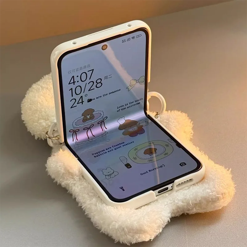 

z flip7 Case flip6 Cute Furry Cat Phone Cases for Samsung galaxy Z Flip7 z flip6 Case Kawai White Leather Cover Wowen
