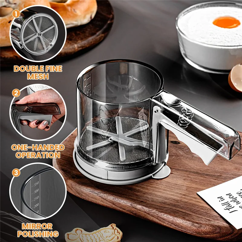 

Hot Sale-Baked Goods Accessories:Plastic Cup-Sieve For Powdered Sugar, Semi-Automatic Flour Sifter Hand Press, For Baking Strain