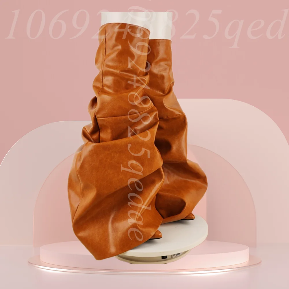 

Women's Tan Ruched Faux Leather Slouchy Knee-High Boots Trendy Pointed Toe for Fall & Winter Fashion 2025 Zapatos Para Mujere