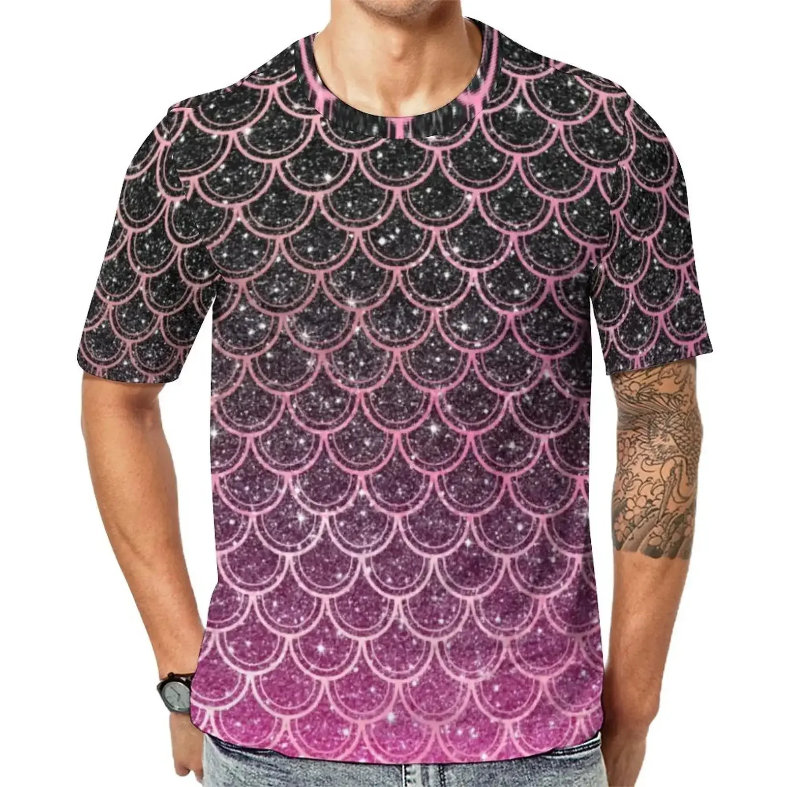 Fashionable Fun Fish Scale Pictures For Men's T-Shirts Trend Digital Printing Casual Round Neck Short Sleeved Tops