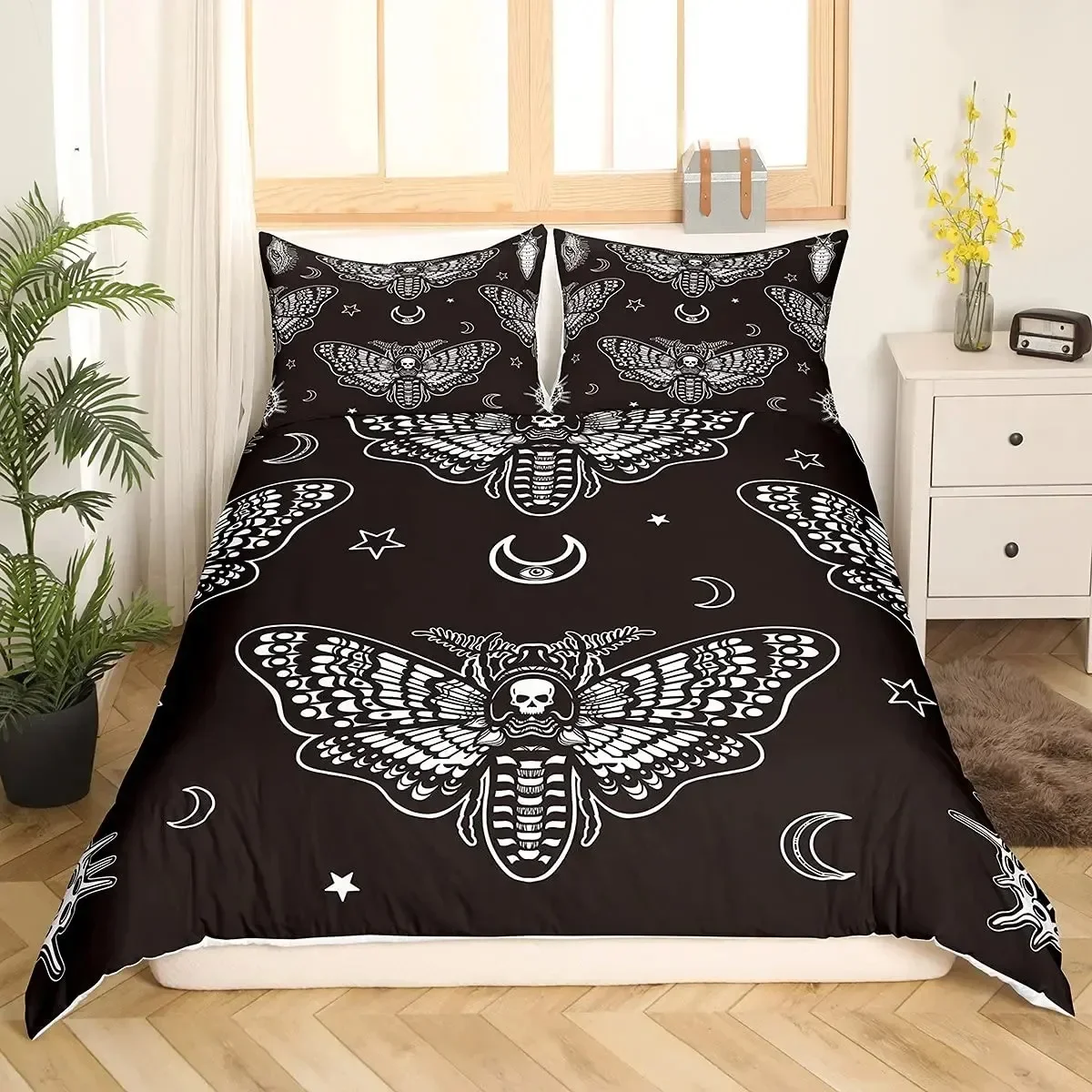 Black Death Moth Bedding Set Gothic Skull  Duvet Cover Set Butterfly Bedclothes Moon Stars Polyester Quilt Cover for Kids Teens