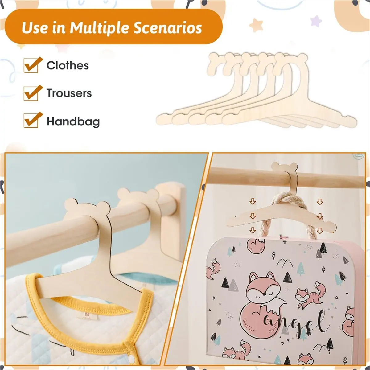 A56K Wooden Kids Hangers, 20Pcs Baby Coat Hanger for Clothes 9In Kids Baby Toddler Children Wooden Hangers, for Clothes&Pants