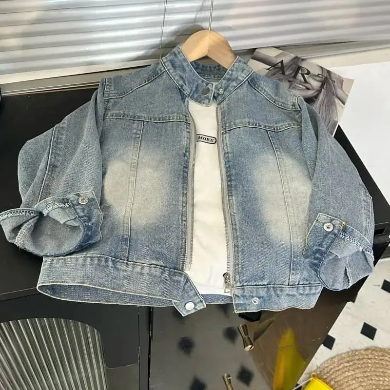 New Autumn Children Denim Jacket Retro Boys Stand-up Collar Long Sleeve Coat Baby Girls Loose Zipper Jacket Kids Outerwear Tops