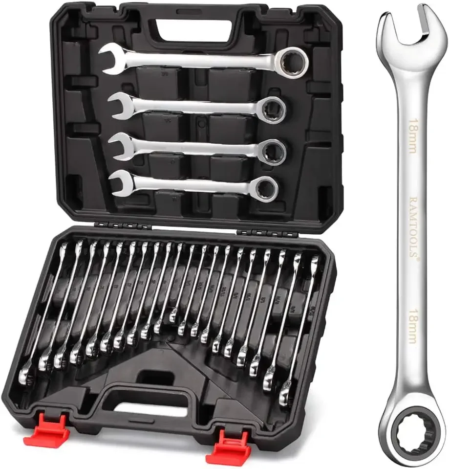 

24-Piece Ratchet Wrenches Chrome Vanadium Steel Ratcheting Wrench Set with Metric and SAE 72-Tooth Box End