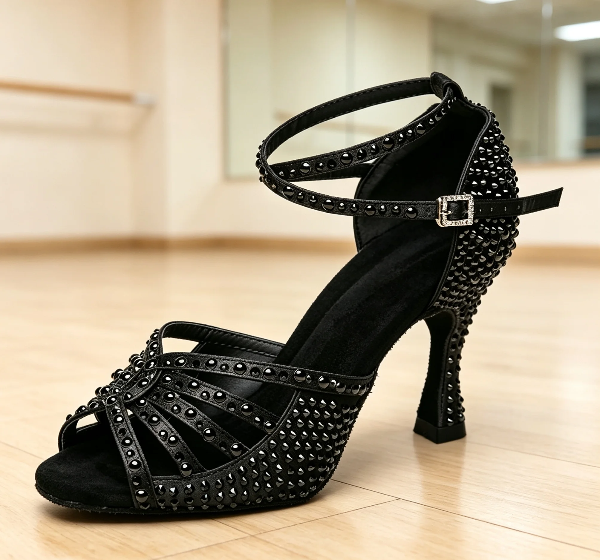 Evkoo Women Black Rhinestone Latin Dance Shoes Indoor Soft Sole Ballroom Salsa Tango Ankle Strap Sneaker Party Dance Sandals