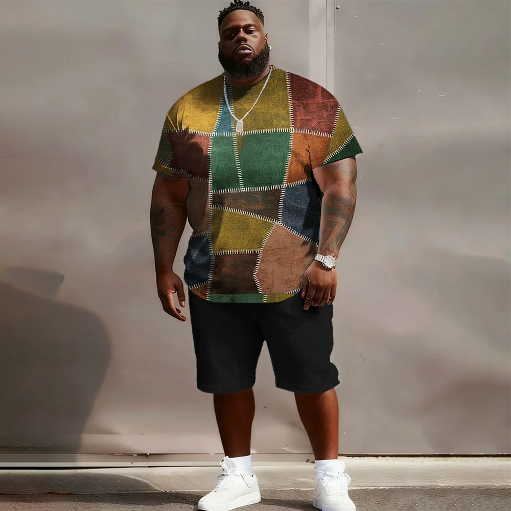 

S-9xl Большой и высокий комплект с короткими рукавами больших размеров (Клетчатая и текстура): - Прочный легкий материал, Стильный плед + тканая текстура,