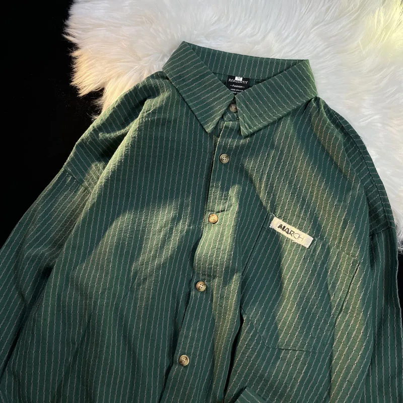 

Vintage Vertical Stripes ket American Sle Long Sve Cotton irt Men Women Japanese Hong Kong Sle Texture irt
