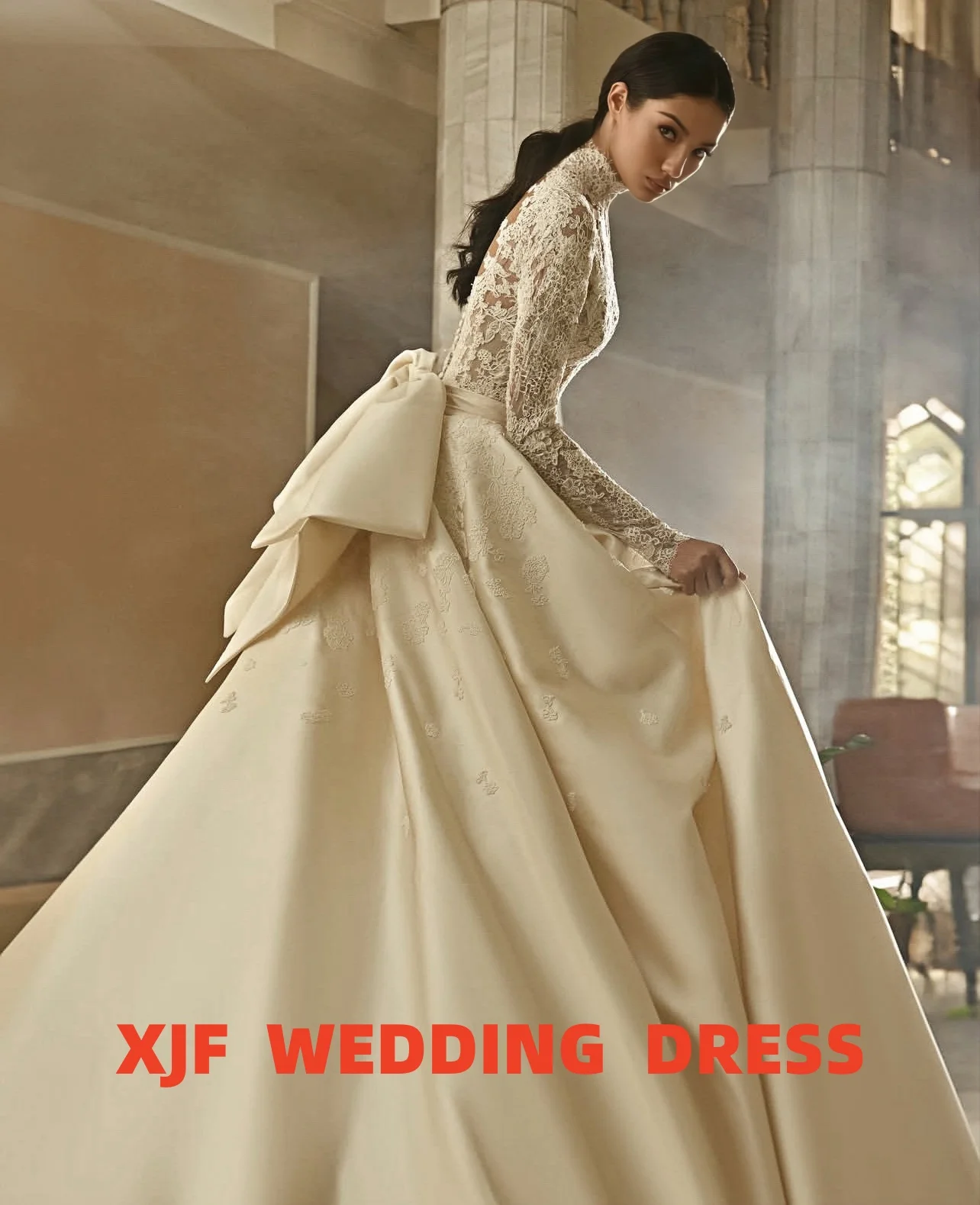 Personalizado de alta pescoço de manga comprida sereia destacável cauda vestido de baile vestido de casamento amanda novias vestidos de novia amanda novias