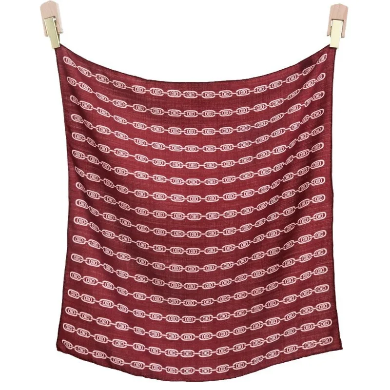 65x65CM Double Sided Same Color Square Scarf 70% WOOL 30% MULBERRY SILK Wine Red Chain Letter Shawl Elegant Neck Wrap Headscarf