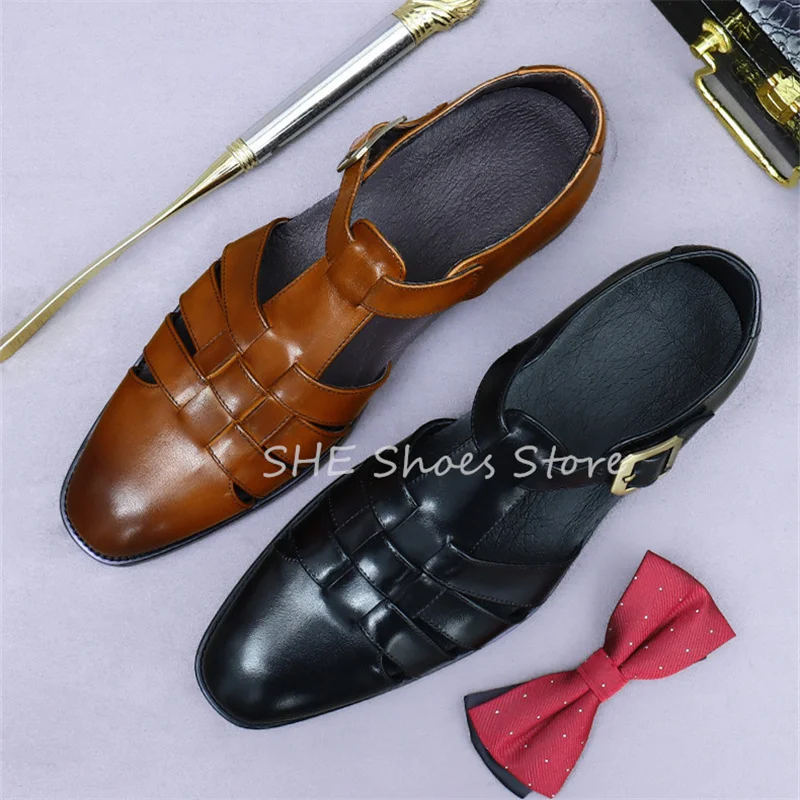 

Roman Weaving Genuine Leather Sandals for Men Retro Hollow Out Buckle Strap Leisure Shoes Male Summer Beach Loafers Derby Shoes