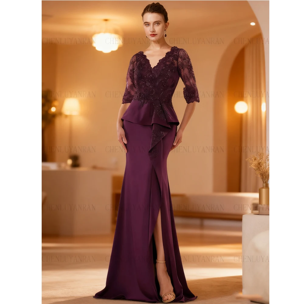 

Purple Mermaid Mother of the Bride Dresses Applique Sexy Wedding Guest Gowns Half Sleeves Elegant Dress Women For Wedding Party