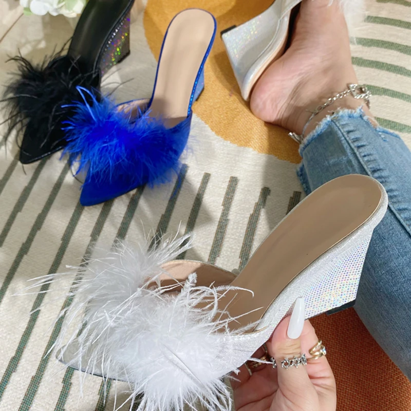 Eilyken Feather Wedges Heels Fur Slippers Sandals Women Pointed toe Mules Lady Pumps Slides Zapatillas De Mujer