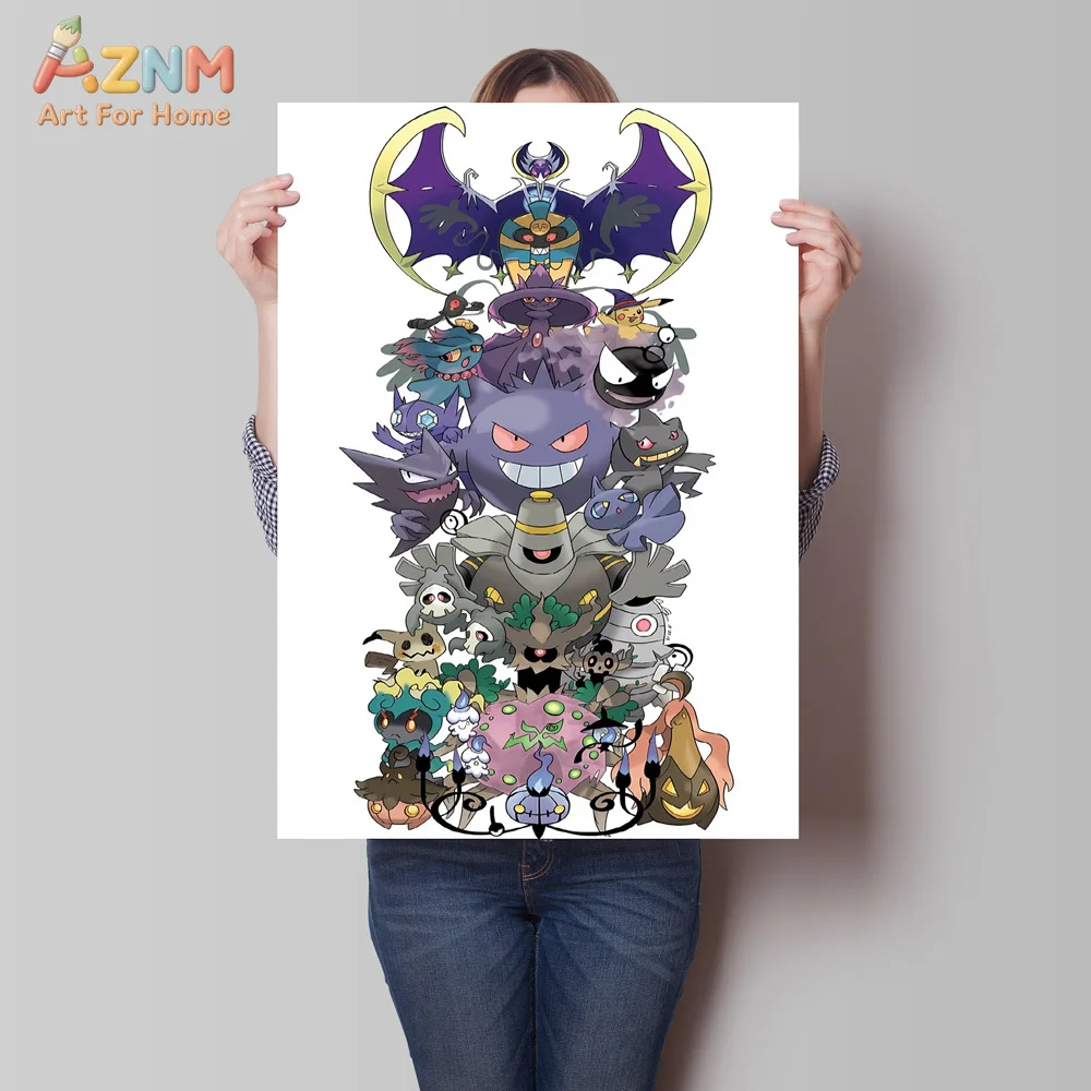 AZNM Stacked Pokemon Characters Canvas Print Unframed Ghost Ice Fire Dragon Type Anime Group Wall Decor Art Poster