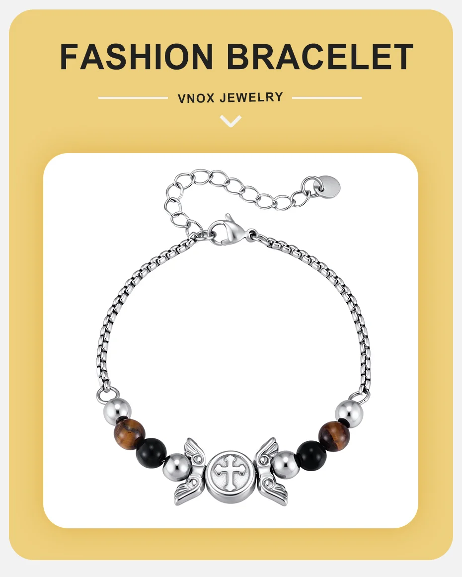 Vnox Kreuzflügel Tigerauge Schwarzer Onyx Perlenarmband für Männer und Jungen, Edelstahl-Kastenkette, Verstellbarer Religiöser Schmuck Geschenk – Detail 1