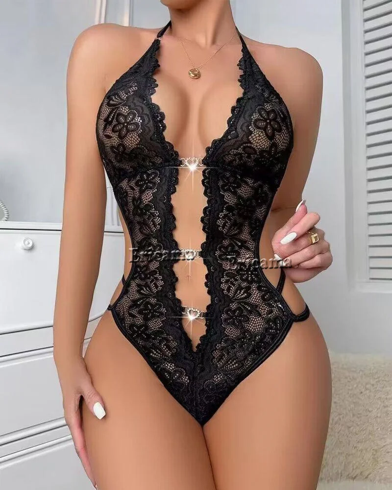 Transparent Sexy Lace Bodysuit Jumpsuit Woman Lingerie One-piece Playsuit  Erotic Dress Pajamas Sleepwear