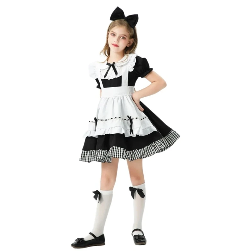 Bezauberndes Prinzessinnen-Kleid und Zubehör-Set für Mädchen, weiß-schwarze farblich passende Kopfbedeckung für Cosplay und