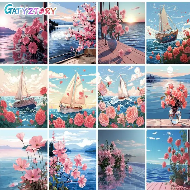 

GATYZTORY Painting By Numbers With Frame For Beginner Kits Pink Flowers Acrylic Paint Coloring By Numbers For Home Artwork