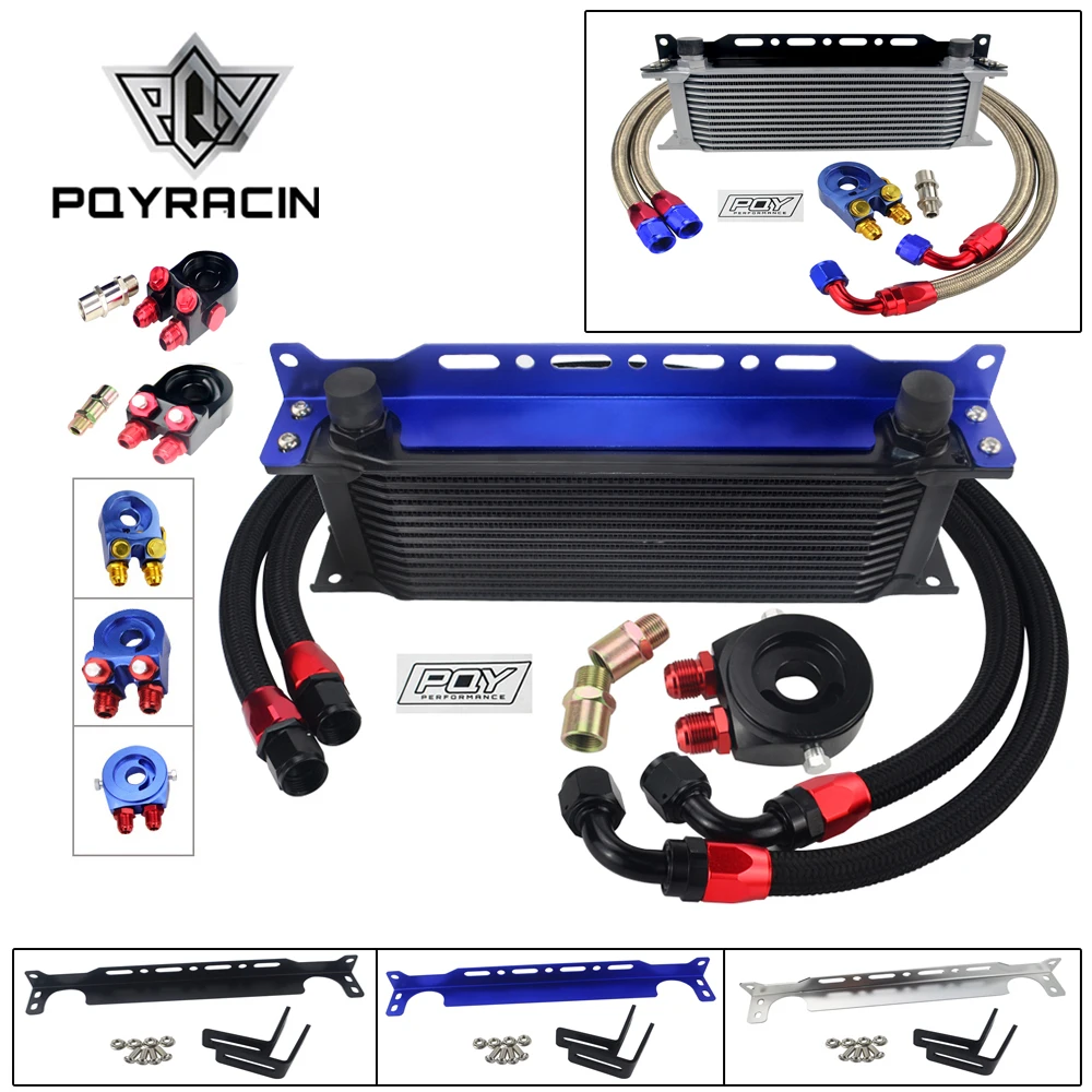 Universal 13 Rows Oil Cooler+Oil Filter Sandwich Adapter + Stainless Steel Braided An10 Hose + Oil Cooler Mounting Bracket