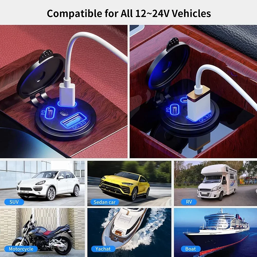 3 Ports Quick Charge Dual PD & QC 3.0 112W Aperture Car Charger Outlet Socket For 12V 24V Motorcycle Boat Marine Truck ATV view 3