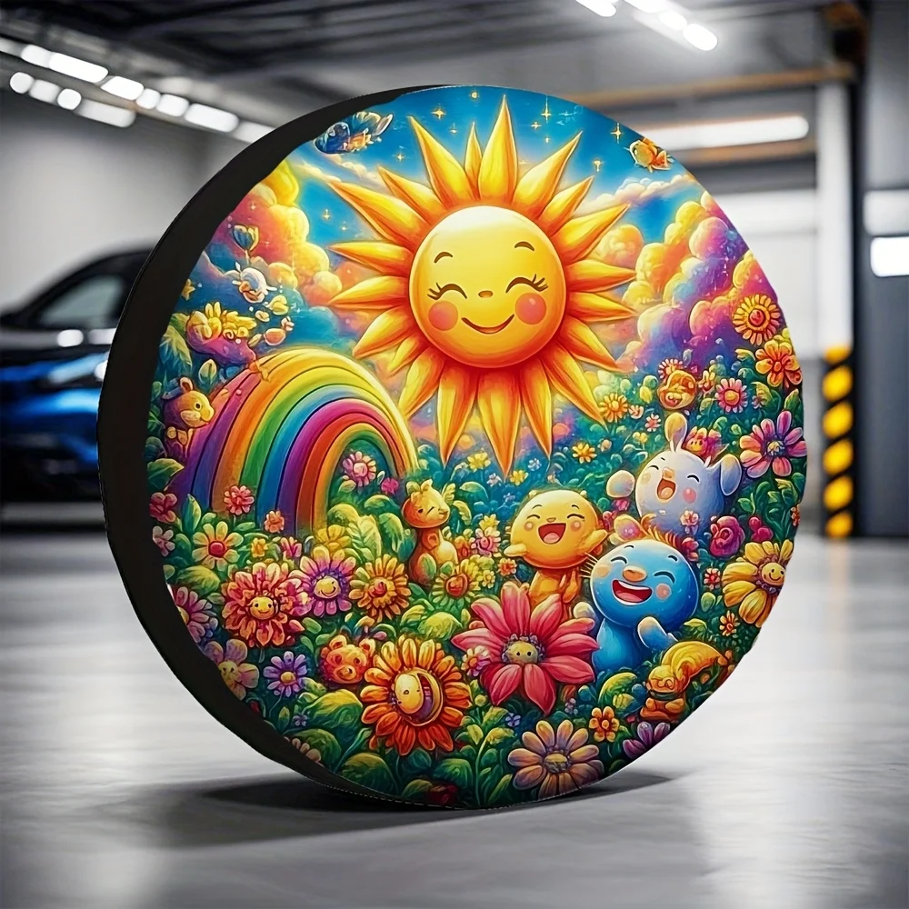 1pc, Tire Storage Bags Featuring Rainbow Clouds And Sunflowers In A Cartoon Style, Made From 100% Polyester, Suitable For Birthd