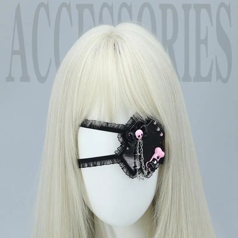 Lolita Anime Single Eye Mask Black Mask Gothic Pink Skull Comfortable Eye Patch Adjustable Halloween Cosplay Party Accessories