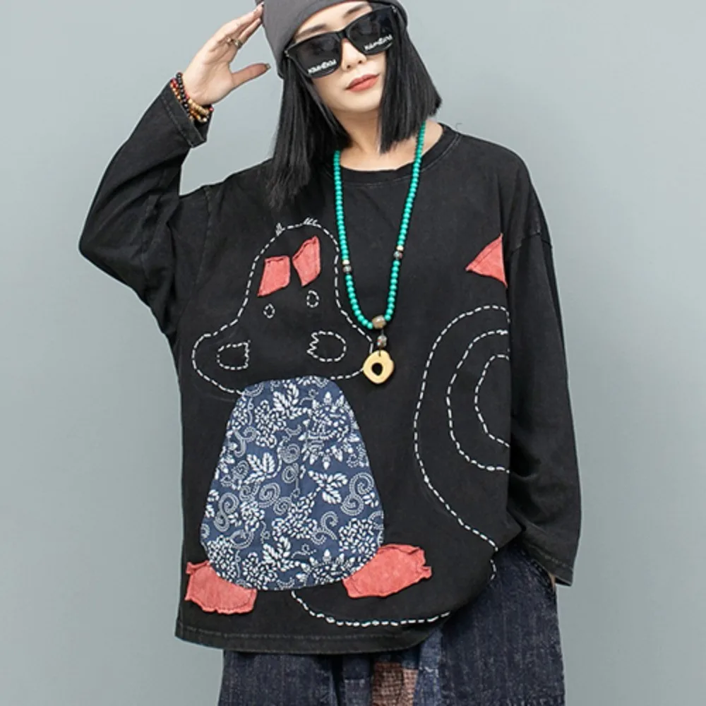 

Vintage Hand Embroidered Long Sleeve T-shirt Old Cloth Splicing Women Top 2024 Autumn LX1914