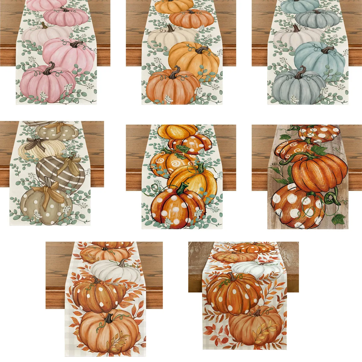 Halloween Pink Pumpkins Eucalyptus Fall Table Runner Autumn Thanksgiving Kitchen Dining Table Decoration for Home Party Decor