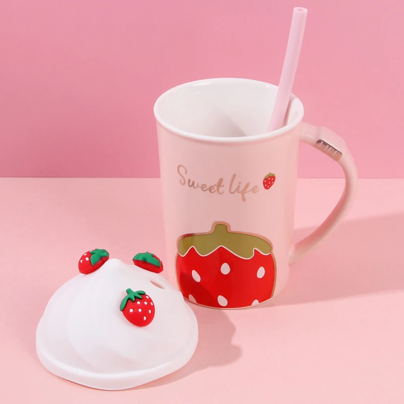 Kawaii Strawberry Ice Cream Mug Coffee Cup Cute Ceramic Tea Mug With Silicone Lid Adults Straw Student Girl Drink Water Cup