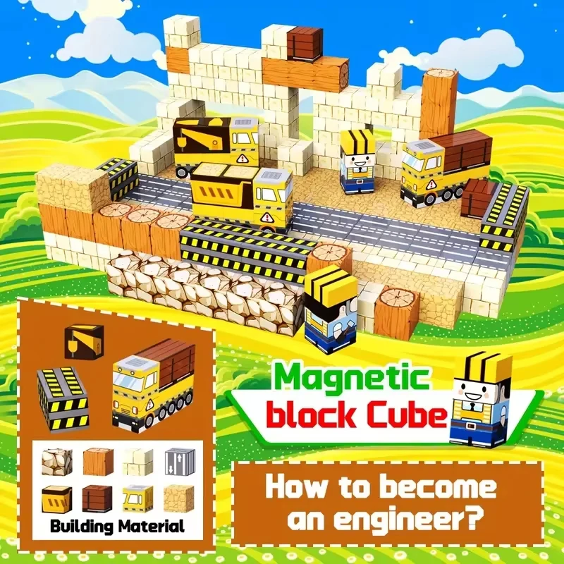 2.0cm 자석 블록 자석 조립 블록 자석 블록 트랙이 있는 도로 건설 차량 STEM 조립 장난감
