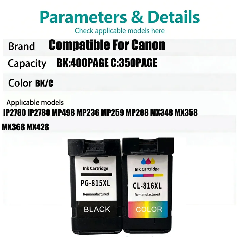 1 set PG815 CL816XL ink cartridge Compatible For Canon  IP2780 IP2788 MP498 MP236 MP259 MP288 MX348 MX358 MX368 MX428