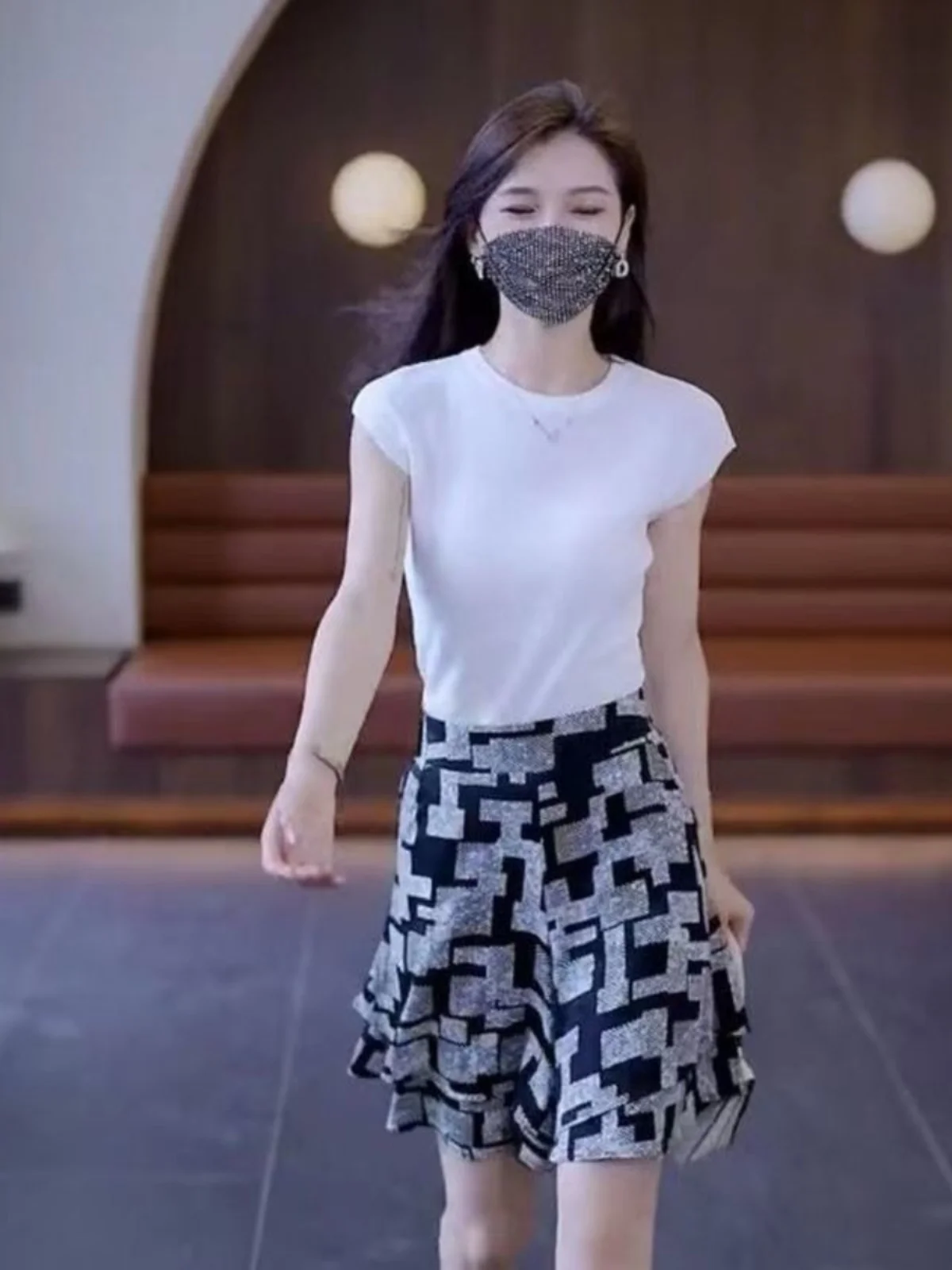 

Faionable Summer Ice Silk Knitted Set Women's Slimming Wide Leg f Skirt Pants Two Piece Set Age Defng Ele Sle