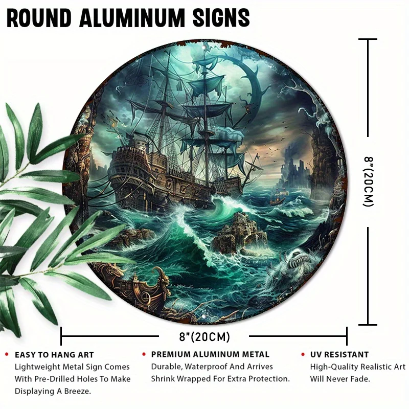 UV-Resistant Waterproof Aluminum Metal Art Set, 1pc 8x8 inch Round Sign with Pirate Ship & Full Moon Imagery, Pre-Drilled for Ea