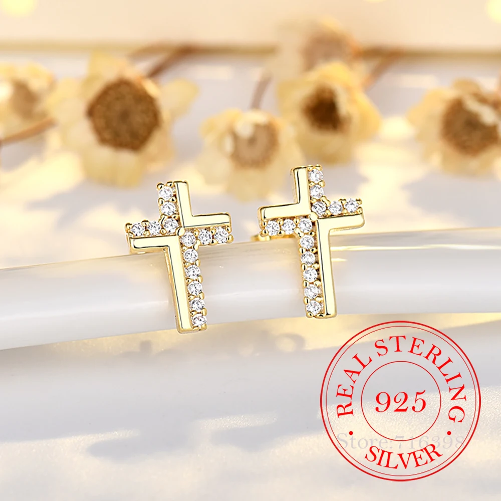 

925 Sterling Silver Jewelry Crystal Luxury Cross Stud Earrings for Women Wedding Party Jewelry For Girls Friends Gift