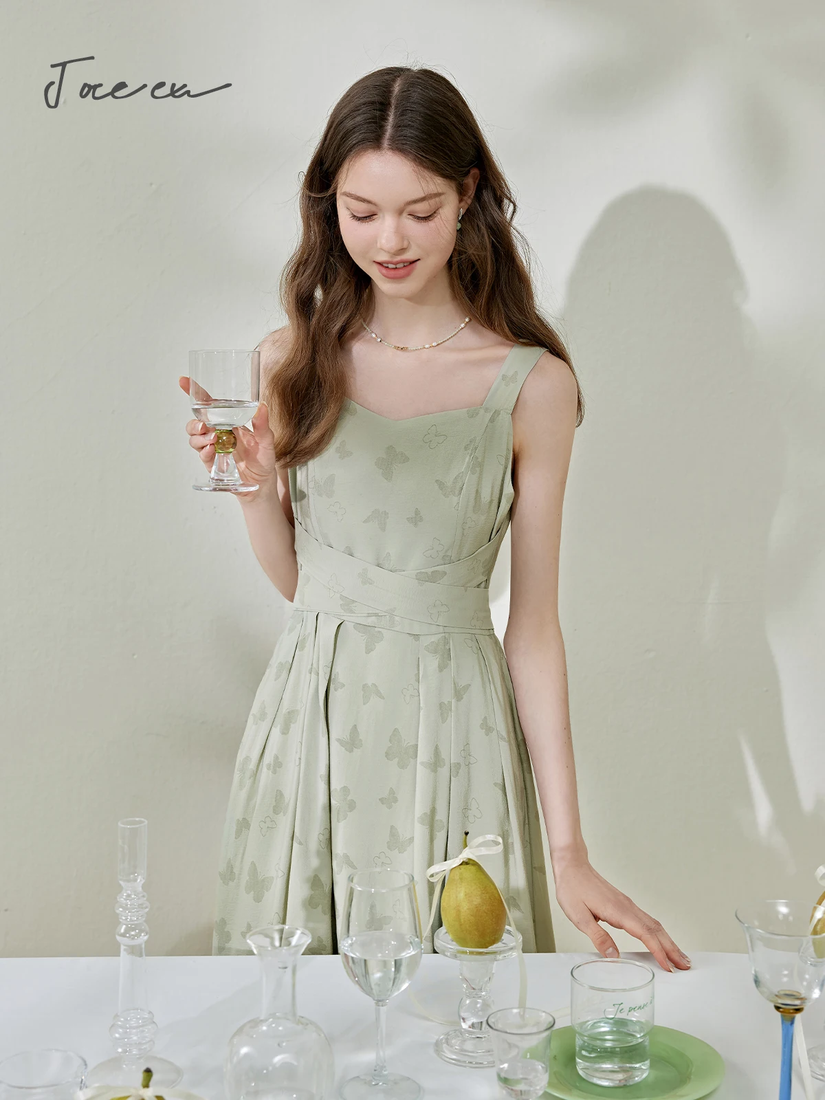 JOREEU Printed Camisole Dress Woman 2024 Summer French Style Elegant High Waist Sleeveless Tank Midi Dresses Clothes T01706-1