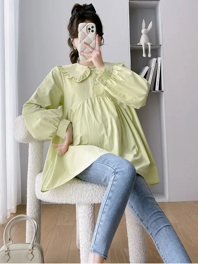 

Woman Cotton Blouses Pregnancy Loose Tops 2025 Spring Maternity Shirts Solid Color Fashion Ruffles Patchwork Plus Size Pregnant